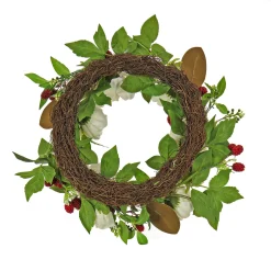 22 in. Spring Wreath with Peony Flowers, Raspberries, and Leafy Greens