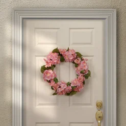 24 in. Spring Wreath with Pink Hydrangea Blooms, Berry Clusters, Leafy Greens