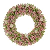 18 in. Spring Wreath with Pink and Green Assorted Wood Cut Flowers, Flowing Green Leaves