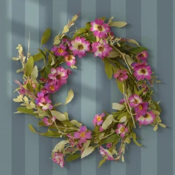 20 in. Spring Wreath with Purple Daisy Blooms, Lavender Flowers, and Leafy Greens