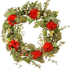 32 in. Spring Wreath with Red Flower Blooms, Flowing Green Stems