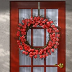32 in. Spring Wreath with Red Tulip Blooms, Flowing Green Stems
