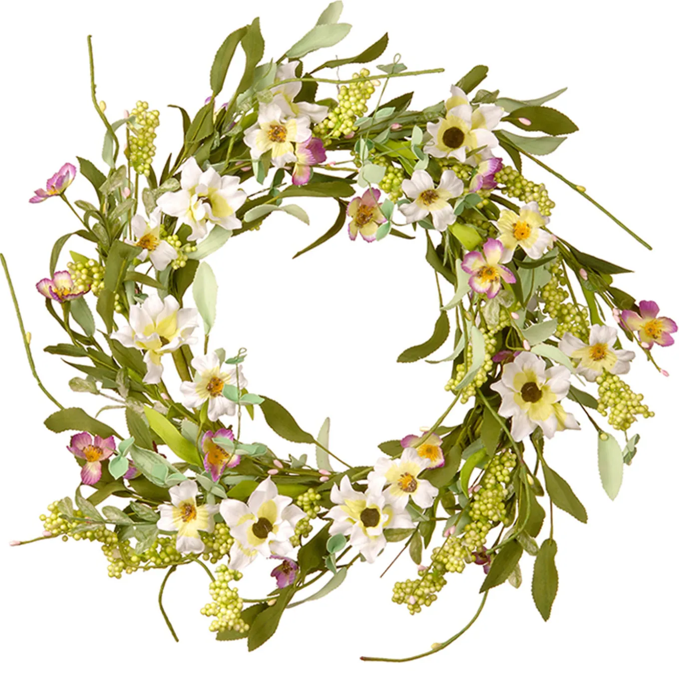 20 in. Spring Wreath with White and Purple Mixed Flower Blooms, Flowing Green Stems, Seed Pods