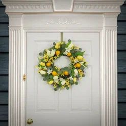 22 in. Spring Wreath with Yellow Tulip Blooms, Lemons, and Forsythia Flower Blossoms