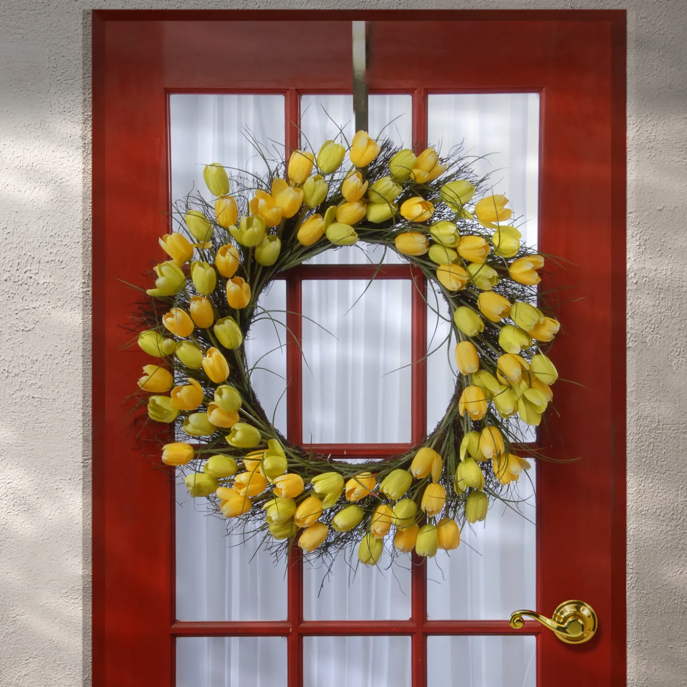 32 in. Spring Wreath with Yellow Tulip Blooms, Flowing Green Stems
