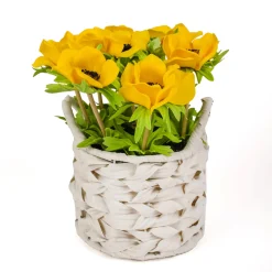 10 in. Spring Yellow Anemone Flower Bouquet in White Basket