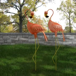 33 in. Standing Peach Flamingo Metal Lawn Decoration