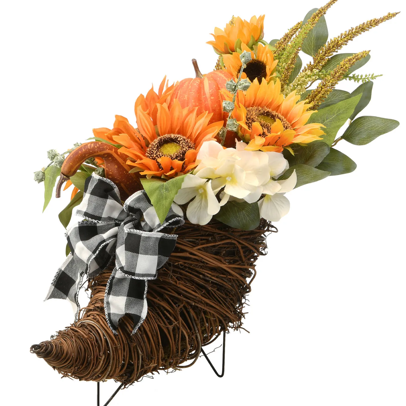 20 in. Wicker Cornucopia Basket Decoration with Pumpkins, Sunflower Blooms, Assorted Leaves