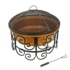 30in. Copper Finish Steel Outdoor Fire Pit with Ornate Black Stand, Screen Cover, Fire Poker