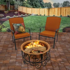 30in. Copper Finish Steel Outdoor Fire Pit with Ornate Black Stand, Screen Cover, Fire Poker