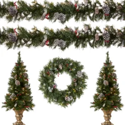 Pre-Lit Frosted Berry Assortment with 2 Entrance Trees, 1 Wreath, 2 Garland