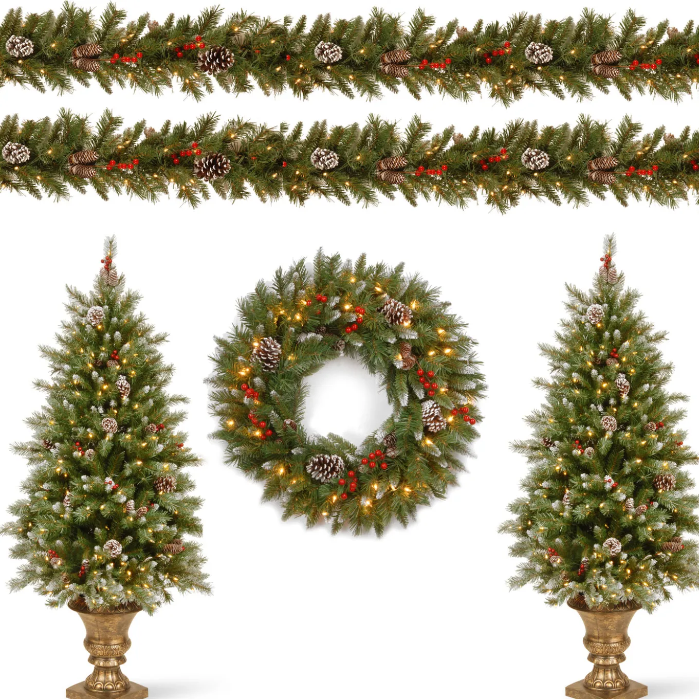 Pre-Lit Frosted Berry Assortment with 2 Entrance Trees, 1 Wreath, 2 Garland