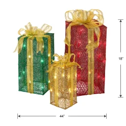 Pre-Lit Multicolor Gift Boxes, Set of Three, White Lights