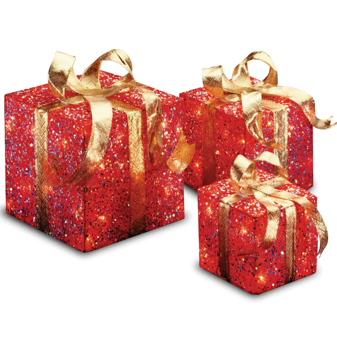 Pre-Lit Red Gift Box with Gold Bow, Set of Three, White Lights