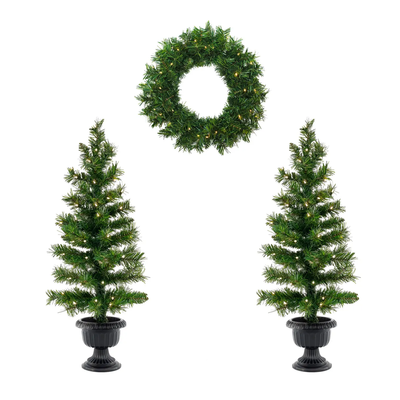 Pre-Lit Warm Welcome Assortment Set of 2 Entrance Trees, 1 Wreath
