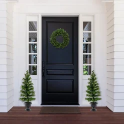 Pre-Lit Warm Welcome Assortment Set of 2 Entrance Trees, 1 Wreath