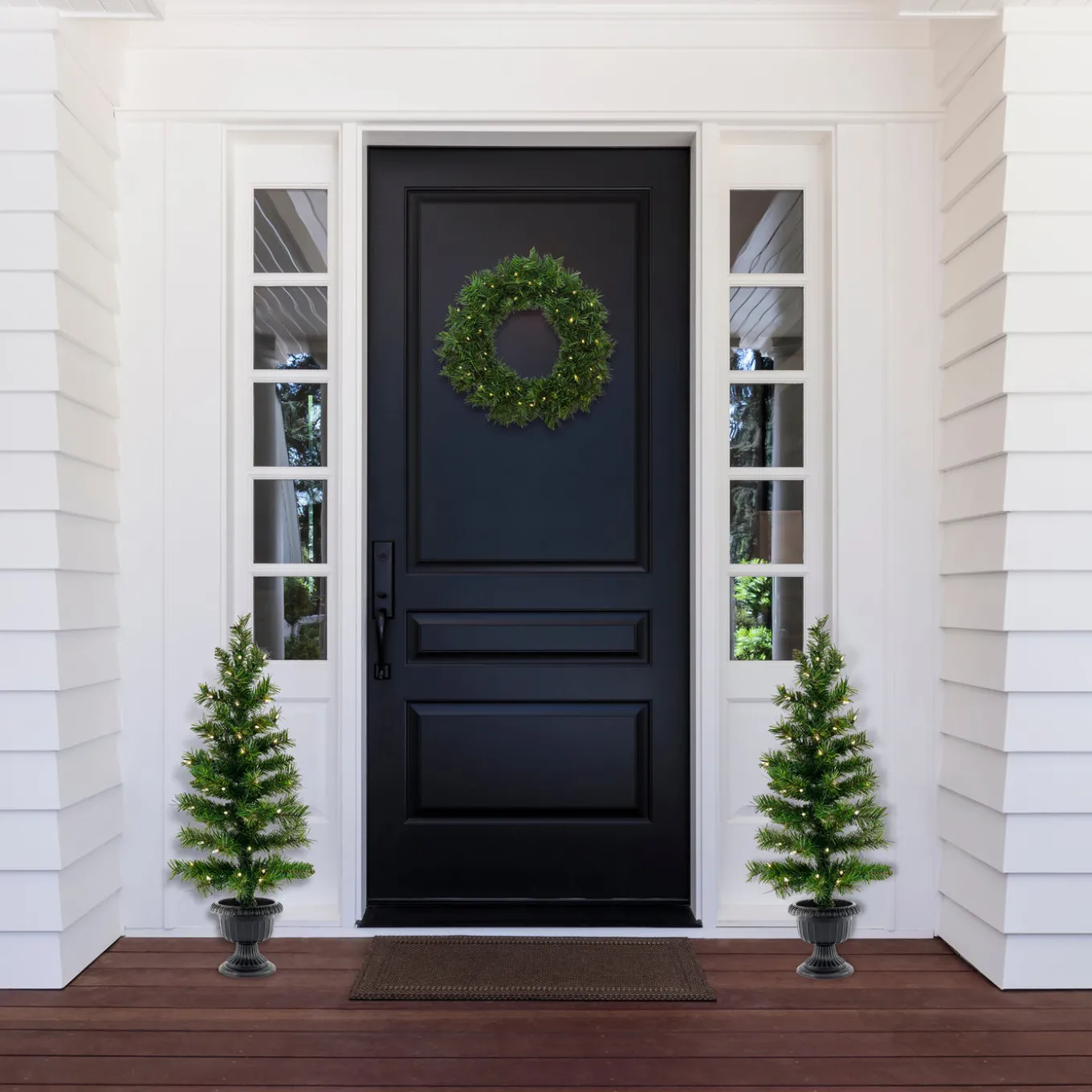 Pre-Lit Warm Welcome Assortment Set of 2 Entrance Trees, 1 Wreath