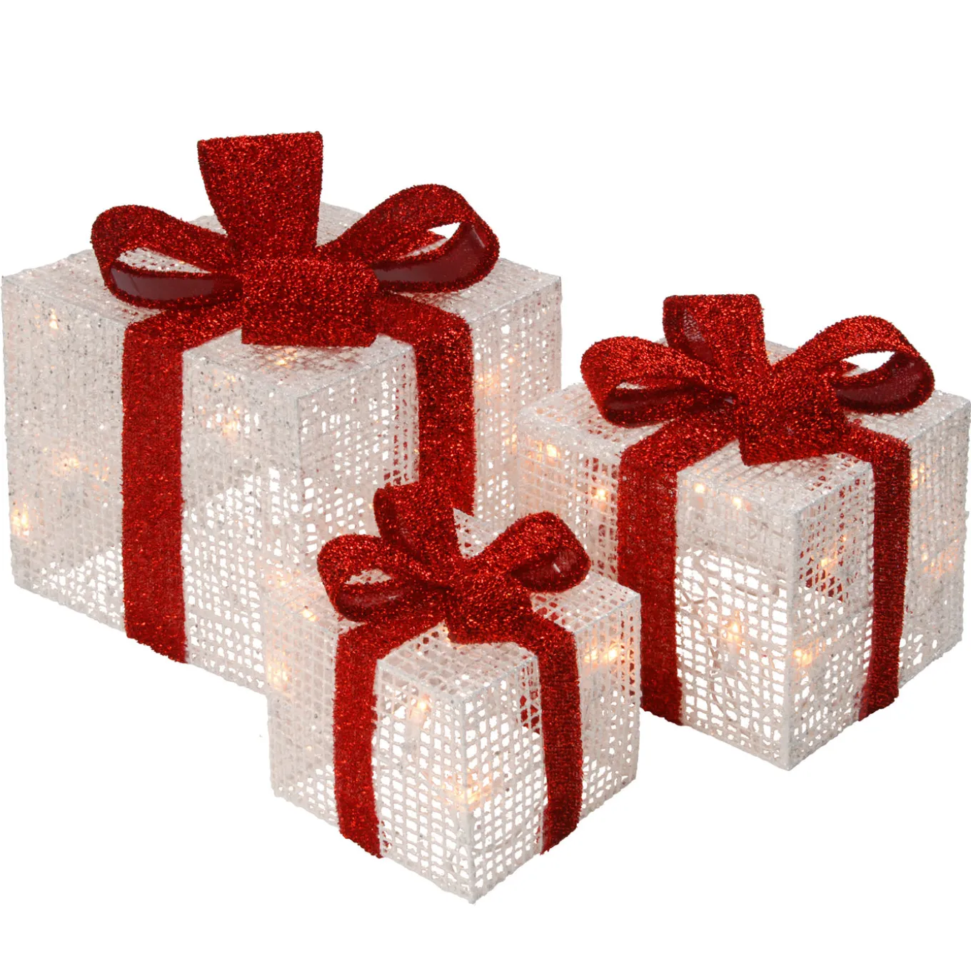 Pre-Lit White Gift Boxes, Set of Three, White Lights