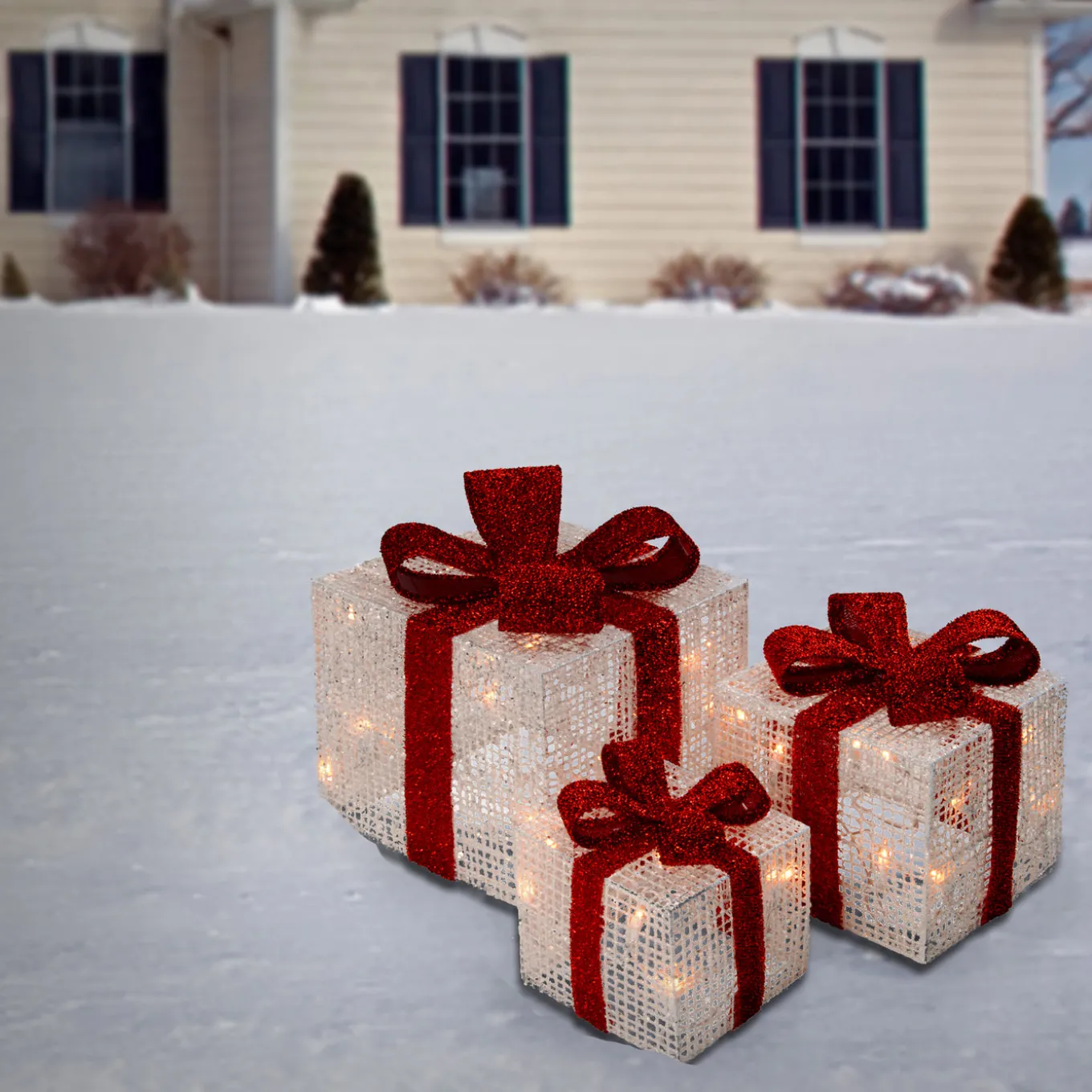 Pre-Lit White Gift Boxes, Set of Three, White Lights