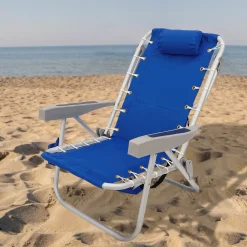 24x24x26 in. Aluminum Blue Horizontal Stripe Print Beach Chair with Pillow and side Pouch